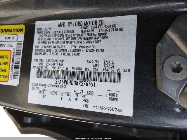Ford FUSION SE 2019 3FA6P0HD3KR276551 Image 9