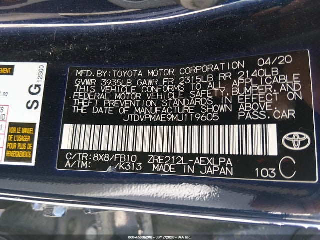 Продажа на аукционе авто 2021 Toyota Corolla Le, vin: JTDVPMAE9MJ119605, номер лота: 45896208
