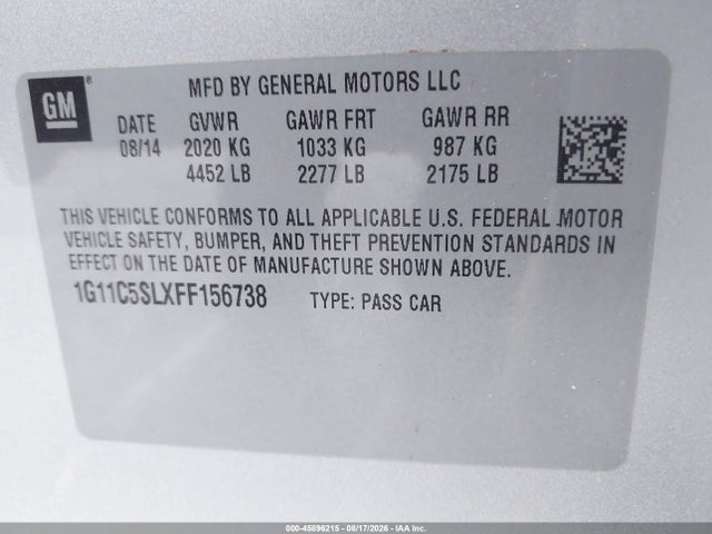 Aukcja sprzedaży 2015 Chevrolet Malibu 1lt, vin: 1G11C5SLXFF156738, numer aukcji: 45896215