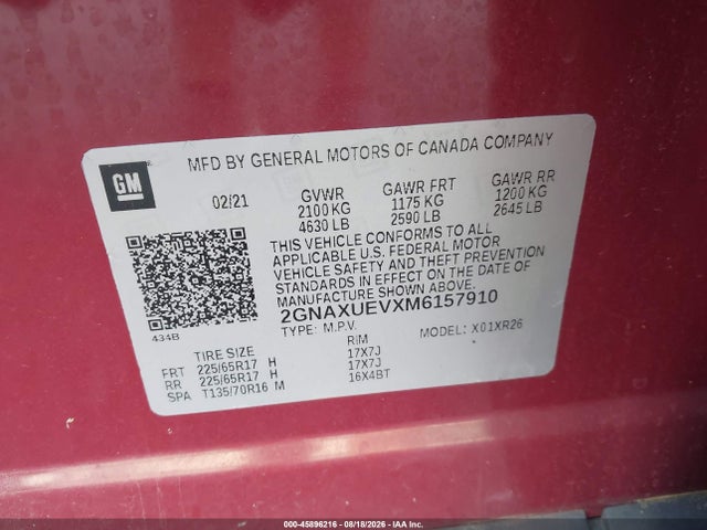 Chevrolet Equinox Awd Lt 2021 2GNAXUEVXM6157910 Image 9
