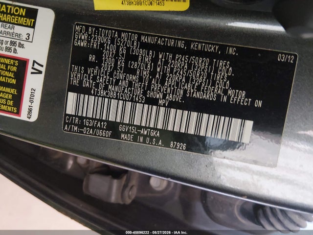 45896222 :رقم المزاد ، 4T3BK3BB1CU071453 vin ، 2012 Toyota Venza Le V6 مزاد بيع