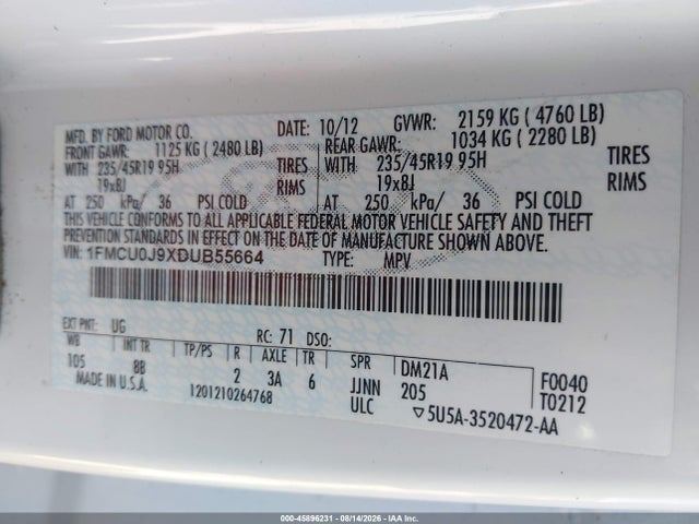 45896231 :رقم المزاد ، 1FMCU0J9XDUB55664 vin ، 2013 Ford Escape Titanium مزاد بيع