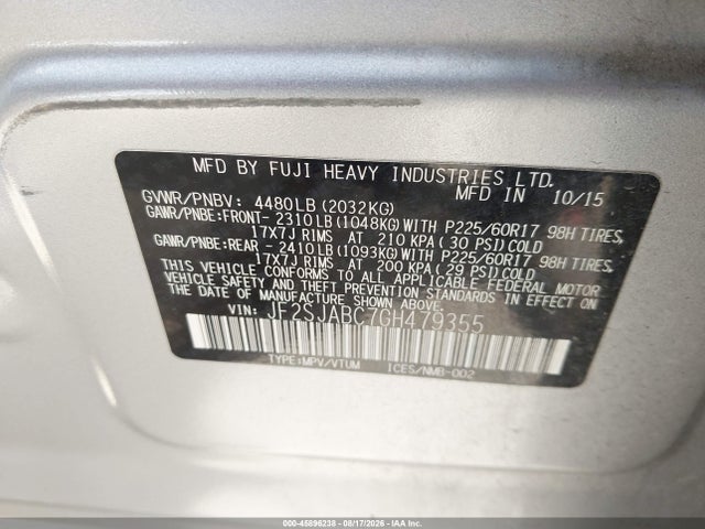 Aukcja sprzedaży 2016 Subaru Forester 2.5i, vin: JF2SJABC7GH479355, numer aukcji: 45896238