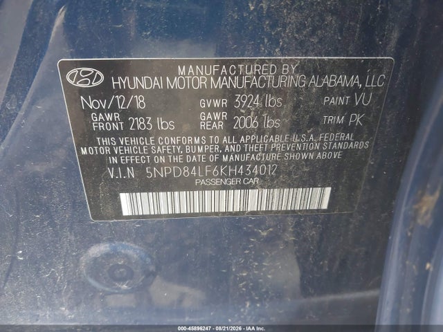 45896247 :رقم المزاد ، 5NPD84LF6KH434012 vin ، 2019 Hyundai Elantra Sel مزاد بيع