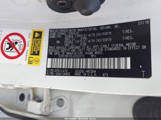 2018 Toyota Highlander Limited მანქანა იყიდება აუქციონზე, vin: 5TDYZRFH3JS250213, აუქციონის ნომერი: 45896257