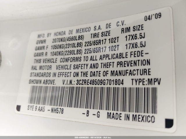45896265 :رقم المزاد ، 3CZRE48509G701804 vin ، 2009 Honda Cr-v Ex مزاد بيع