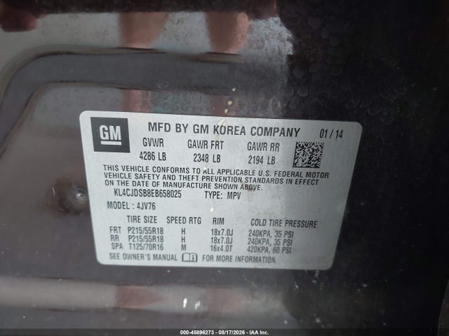 2014 Buick Encore Premium მანქანა იყიდება აუქციონზე, vin: KL4CJDSB8EB658025, აუქციონის ნომერი: 45896273
