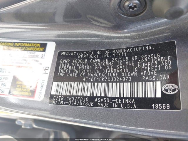Продажа на аукционе авто 2012 Toyota Camry Le, vin: 4T1BF1FK7CU024973, номер лота: 45896291