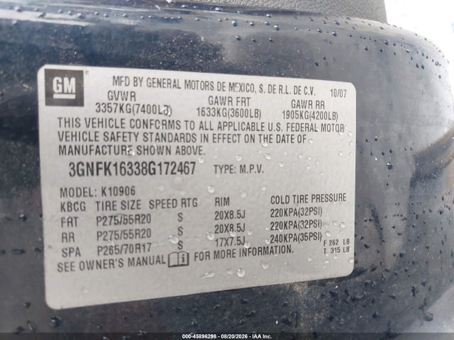 Aukcja sprzedaży 2008 Chevrolet Suburban 1500 Lt, vin: 3GNFK16338G172467, numer aukcji: 45896298