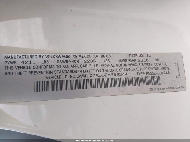2011 Volkswagen Jetta 2.5l Sel მანქანა იყიდება აუქციონზე, vin: 3VWLX7AJ8BM359344, აუქციონის ნომერი: 45896300