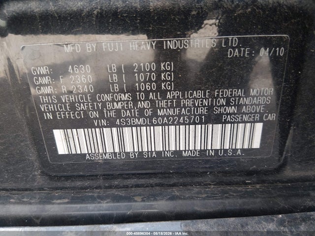 Auction sale of the 2010 Subaru Legacy 3.6r Limited, vin: 4S3BMDL60A2245701, lot number: 45896304