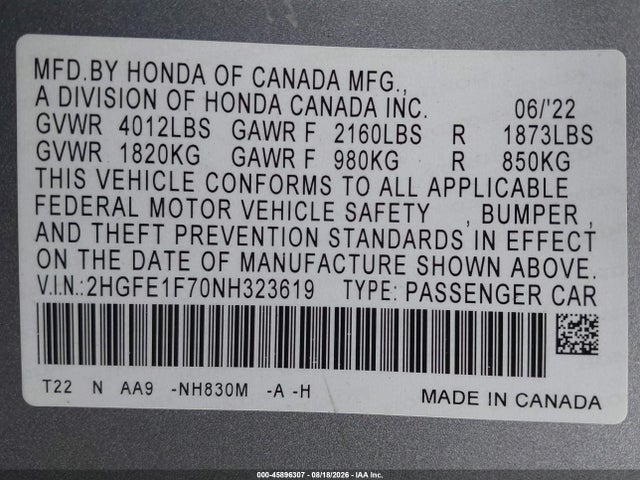 2022 Honda Civic Ex მანქანა იყიდება აუქციონზე, vin: 2HGFE1F70NH323619, აუქციონის ნომერი: 45896307