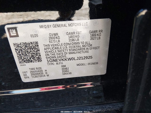 45896311 :رقم المزاد ، 1GNEVKKW0LJ212925 vin ، 2020 Chevrolet Traverse Awd Premier مزاد بيع