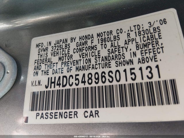 45896313 :رقم المزاد ، JH4DC54896S015131 vin ، 2006 Acura Rsx مزاد بيع