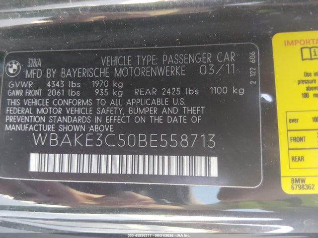 Aukcja sprzedaży 2011 Bmw 328i, vin: WBAKE3C50BE558713, numer aukcji: 45896317