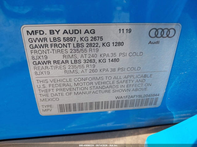 45896324 :رقم المزاد ، WA1F2AFY8L2045844 vin ، 2020 Audi Q5 Prestige 55 Tfsi E Quattro S Tronic مزاد بيع