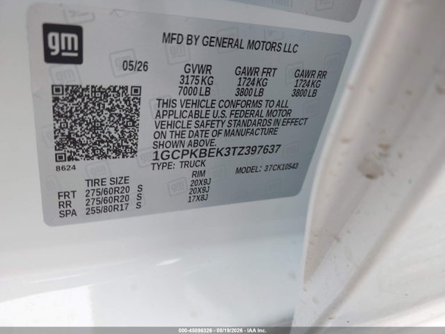 45896326 :رقم المزاد ، 1GCPKBEK3TZ397637 vin ، 2026 Chevrolet Silverado 1500 4wd  Short Bed Custom مزاد بيع
