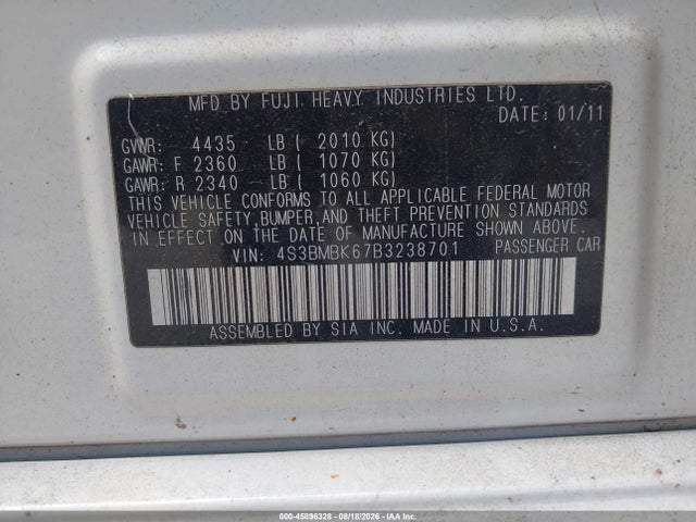45896328 :رقم المزاد ، 4S3BMBK67B3238701 vin ، 2011 Subaru Legacy 2.5i Limited مزاد بيع