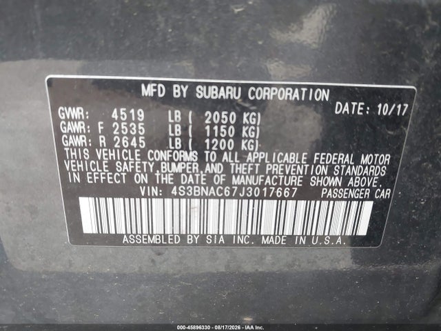 2018 Subaru Legacy 2.5i Premium მანქანა იყიდება აუქციონზე, vin: 4S3BNAC67J3017667, აუქციონის ნომერი: 45896330