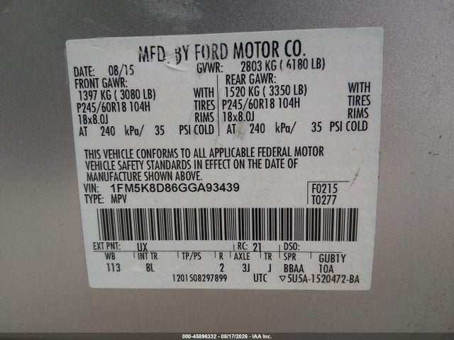 45896332 :رقم المزاد ، 1FM5K8D86GGA93439 vin ، 2016 Ford Explorer Xlt مزاد بيع