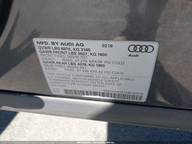 Aukcja sprzedaży 2019 Audi E-tron Premium Plus, vin: WA1VAAGE1KB006529, numer aukcji: 45896341