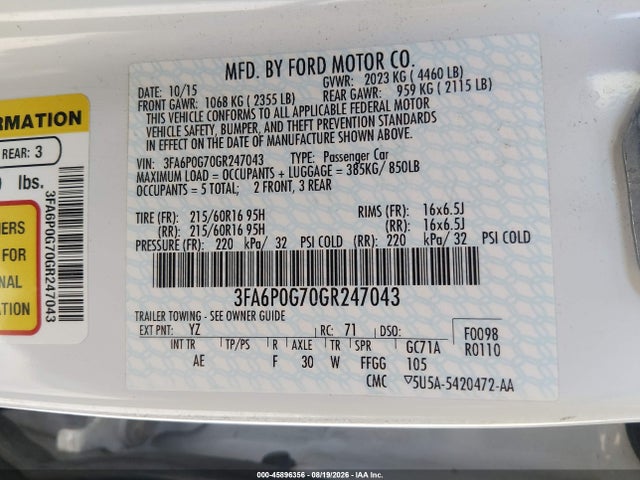 Ford FUSION S 2016 3FA6P0G70GR247043 Image 9