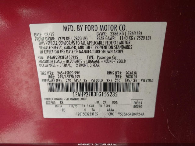 Auction sale of the 2015 Ford Taurus Limited, vin: 1FAHP2F83FG155235, lot number: 45896371