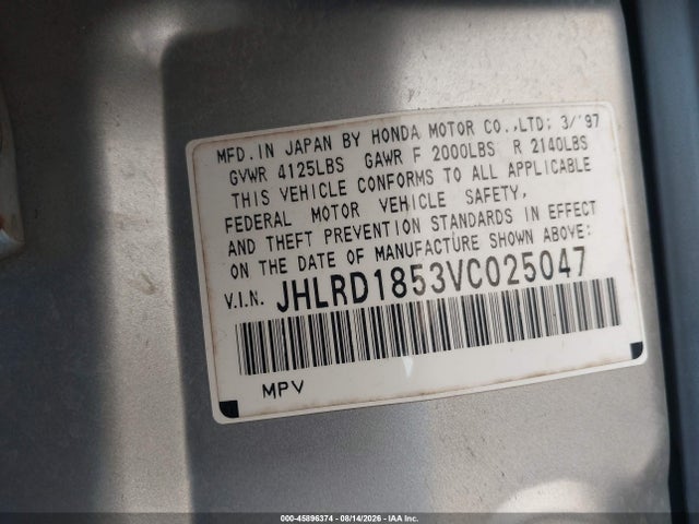 45896374 :رقم المزاد ، JHLRD1853VC025047 vin ، 1997 Honda Cr-v مزاد بيع