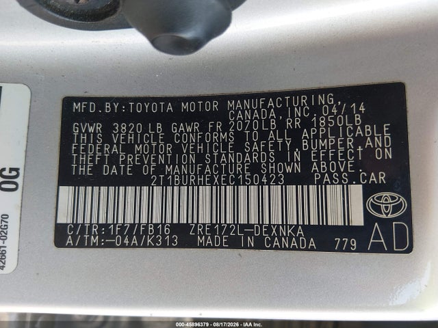2014 Toyota Corolla Le მანქანა იყიდება აუქციონზე, vin: 2T1BURHEXEC150423, აუქციონის ნომერი: 45896379