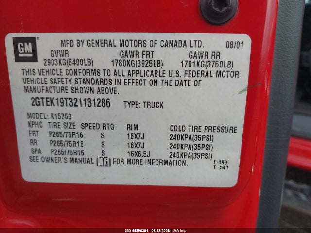Aukcja sprzedaży 2002 Gmc Sierra 1500 Sle, vin: 2GTEK19T321131286, numer aukcji: 45896391