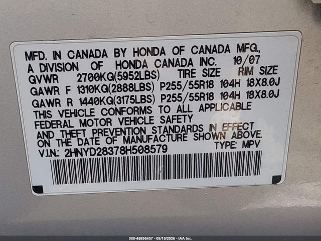 45896407 :رقم المزاد ، 2HNYD28378H508579 vin ، 2008 Acura Mdx Technology Package مزاد بيع