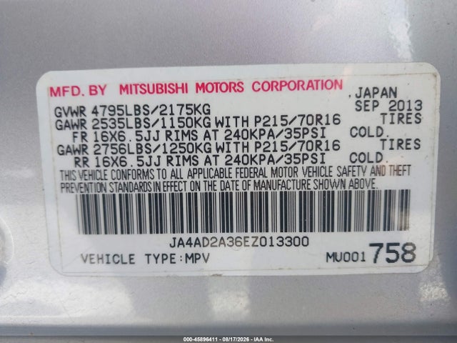 Aukcja sprzedaży 2014 Mitsubishi Outlander Es, vin: JA4AD2A36EZ013300, numer aukcji: 45896411
