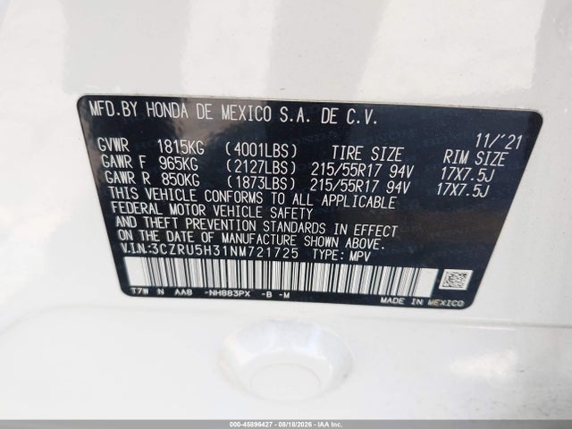 Aukcja sprzedaży 2022 Honda Hr-v 2wd Lx, vin: 3CZRU5H31NM721725, numer aukcji: 45896427
