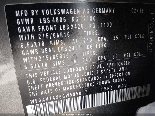 Aukcja sprzedaży 2016 Volkswagen Tiguan S, vin: WVGAV7AX6GW585017, numer aukcji: 45896429