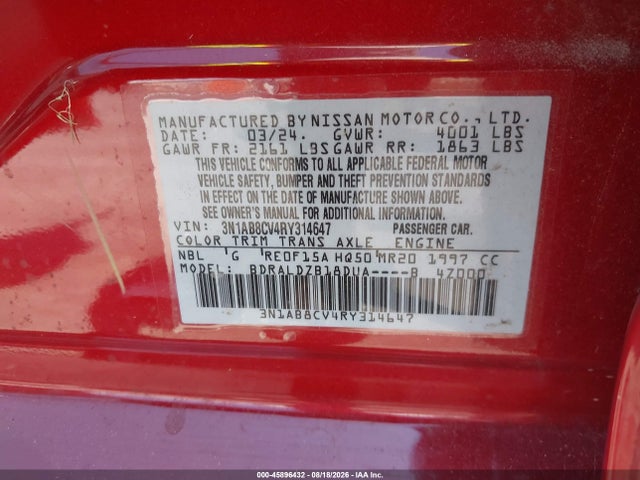 2024 Nissan Sentra Sv Xtronic Cvt მანქანა იყიდება აუქციონზე, vin: 3N1AB8CV4RY314647, აუქციონის ნომერი: 45896432