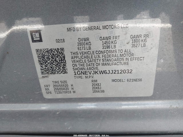 2018 Chevrolet Traverse Premier მანქანა იყიდება აუქციონზე, vin: 1GNEVJKW6JJ212032, აუქციონის ნომერი: 45896450
