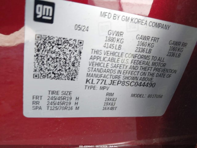Auction sale of the 2025 Chevrolet Trax Fwd 2rs, vin: KL77LJEP8SC044490, lot number: 45896451