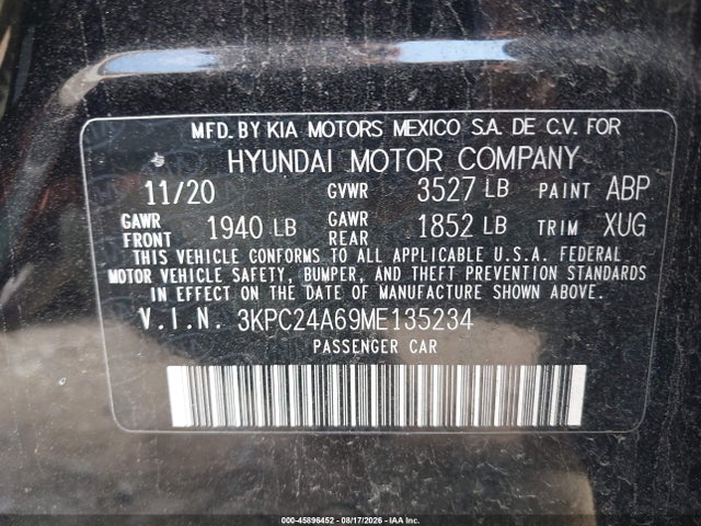 45896452 :رقم المزاد ، 3KPC24A69ME135234 vin ، 2021 Hyundai Accent Sel مزاد بيع