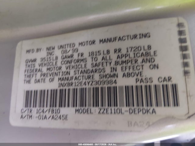 Aukcja sprzedaży 2000 Toyota Corolla Ce, vin: 1NXBR12E4YZ309984, numer aukcji: 45896465