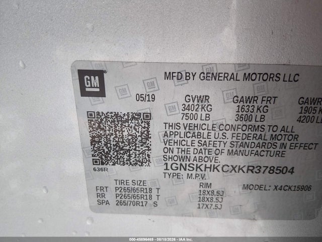 Aukcja sprzedaży 2019 Chevrolet Suburban Lt, vin: 1GNSKHKCXKR378504, numer aukcji: 45896469