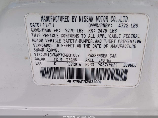 Продажа на аукционе авто 2012 Infiniti G37 Journey, vin: JN1CV6AP7CM931009, номер лота: 45896482