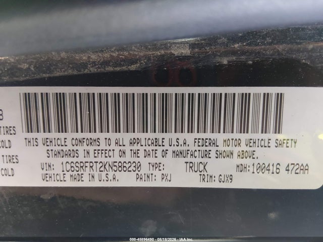 45896490 :رقم المزاد ، 1C6SRFRT2KN586230 vin ، 2019 Ram 1500 Laramie  4x4 6'4 Box مزاد بيع