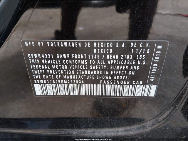 Продажа на аукционе авто 2016 Volkswagen Jetta 1.8t Sport, vin: 3VWD17AJ9GM293934, номер лота: 45896499