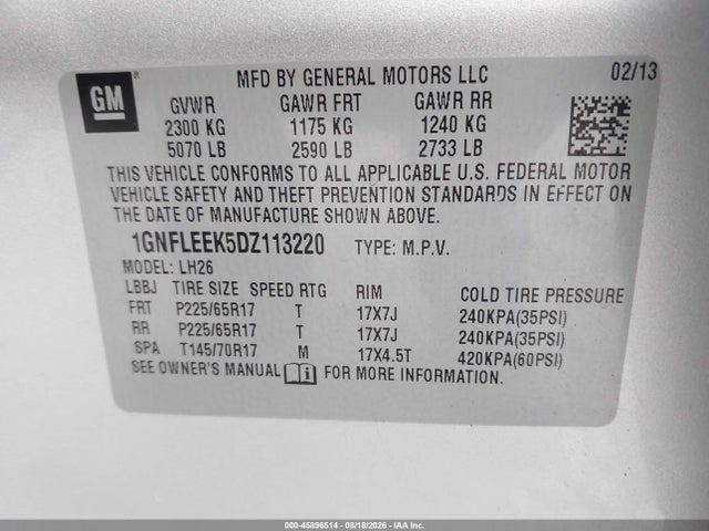 45896514 :رقم المزاد ، 1GNFLEEK5DZ113220 vin ، 2013 Chevrolet Equinox Lt مزاد بيع