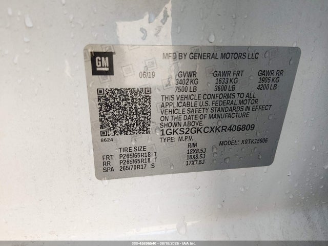 45896540 :رقم المزاد ، 1GKS2GKCXKR406809 vin ، 2019 Gmc Yukon Xl Slt مزاد بيع