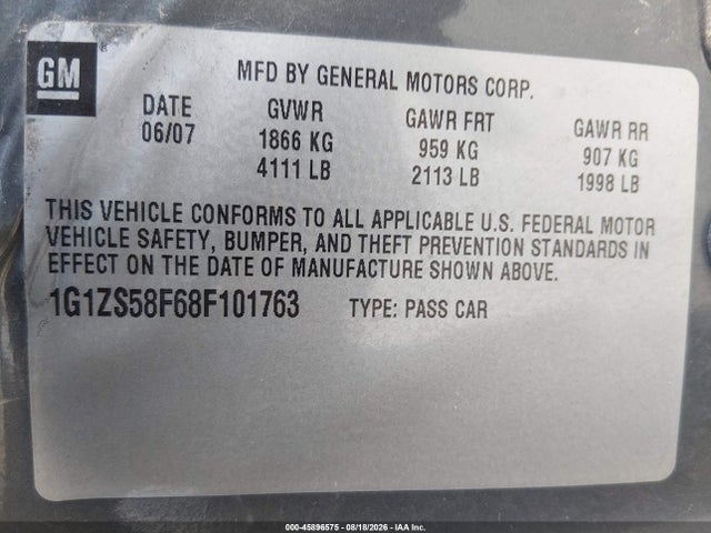 2008 Chevrolet Malibu Classic Ls მანქანა იყიდება აუქციონზე, vin: 1G1ZS58F68F101763, აუქციონის ნომერი: 45896575