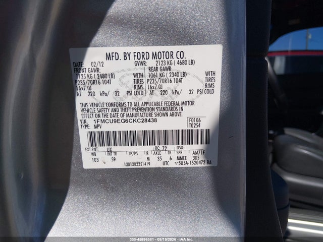 Aukcja sprzedaży 2012 Ford Escape Limited, vin: 1FMCU9EG6CKC28438, numer aukcji: 45896581