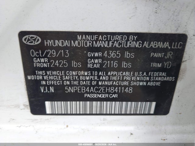 2014 Hyundai Sonata Gls მანქანა იყიდება აუქციონზე, vin: 5NPEB4AC2EH841148, აუქციონის ნომერი: 45896591