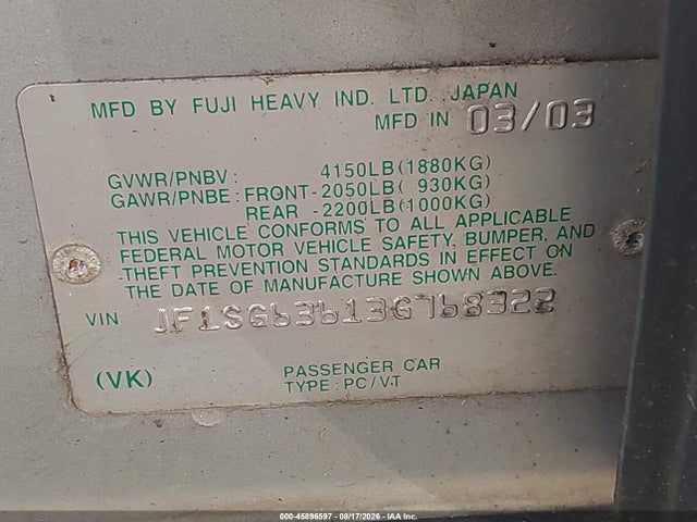 Aukcja sprzedaży 2003 Subaru Forester X, vin: JF1SG63613G768322, numer aukcji: 45896597