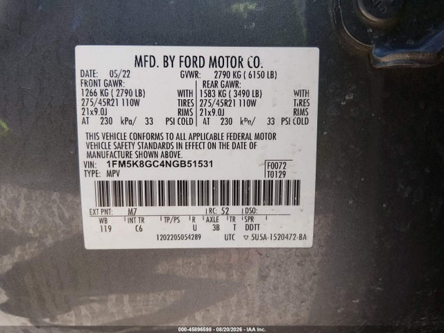 Aukcja sprzedaży 2022 Ford Explorer St, vin: 1FM5K8GC4NGB51531, numer aukcji: 45896598